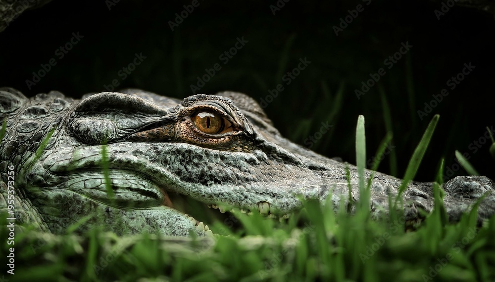 Fototapeta premium Close-up of a crocodile's intense eyes peering through a hole in the turf, the surrounding g