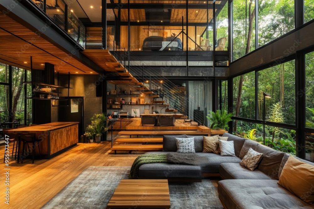 Modern living room with large windows overlooking a lush forest. The room features a large sectional sofa, a wooden coffee table, and a wooden kitchen island with bar stools. Modern living room with large windows overlooking a lush forest. The room features a large sectional sofa, a wooden coffee table, and a wooden kitchen island with bar stools.
