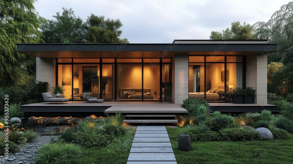 Modern house with large windows surrounded by lush greenery. Modern house with large windows surrounded by lush greenery.