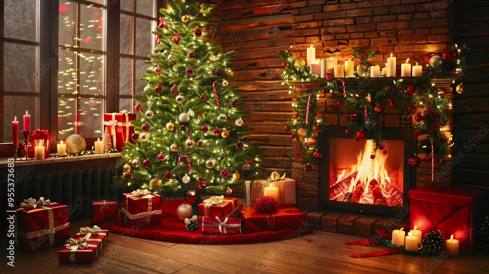 A room in the house with a decorated Christmas tree and a fireplace A room in the house with a decorated Christmas tree and a fireplace