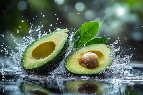 Two halves of an avocado with a pit, surrounded by water splash and a green leaf, on a blurred green background.