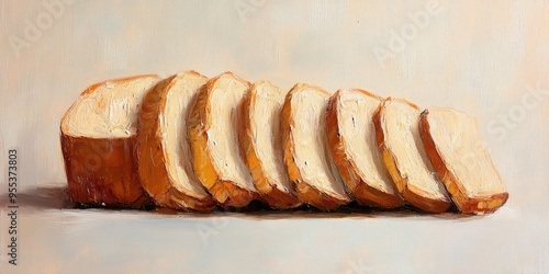 Oil painting of sliced bread on a plain background showcasing a detailed depiction of the bread s texture and shape photo