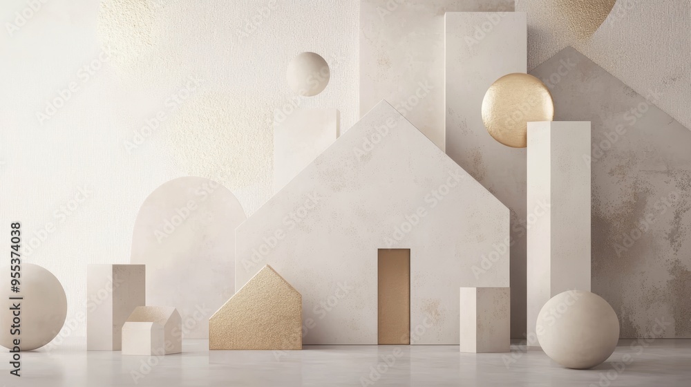 Elegant housewarming poster with abstract shapes in a neutral palette and gold accents Elegant housewarming poster with abstract shapes in a neutral palette and gold accents