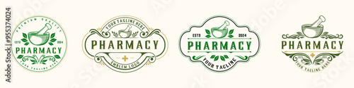 Vintage pharmacy logo. Illustration of mortar and pestle and herbal plant in emblem form, with leaf ornament and decoration for pharmacy, drug store and herbal medicine.