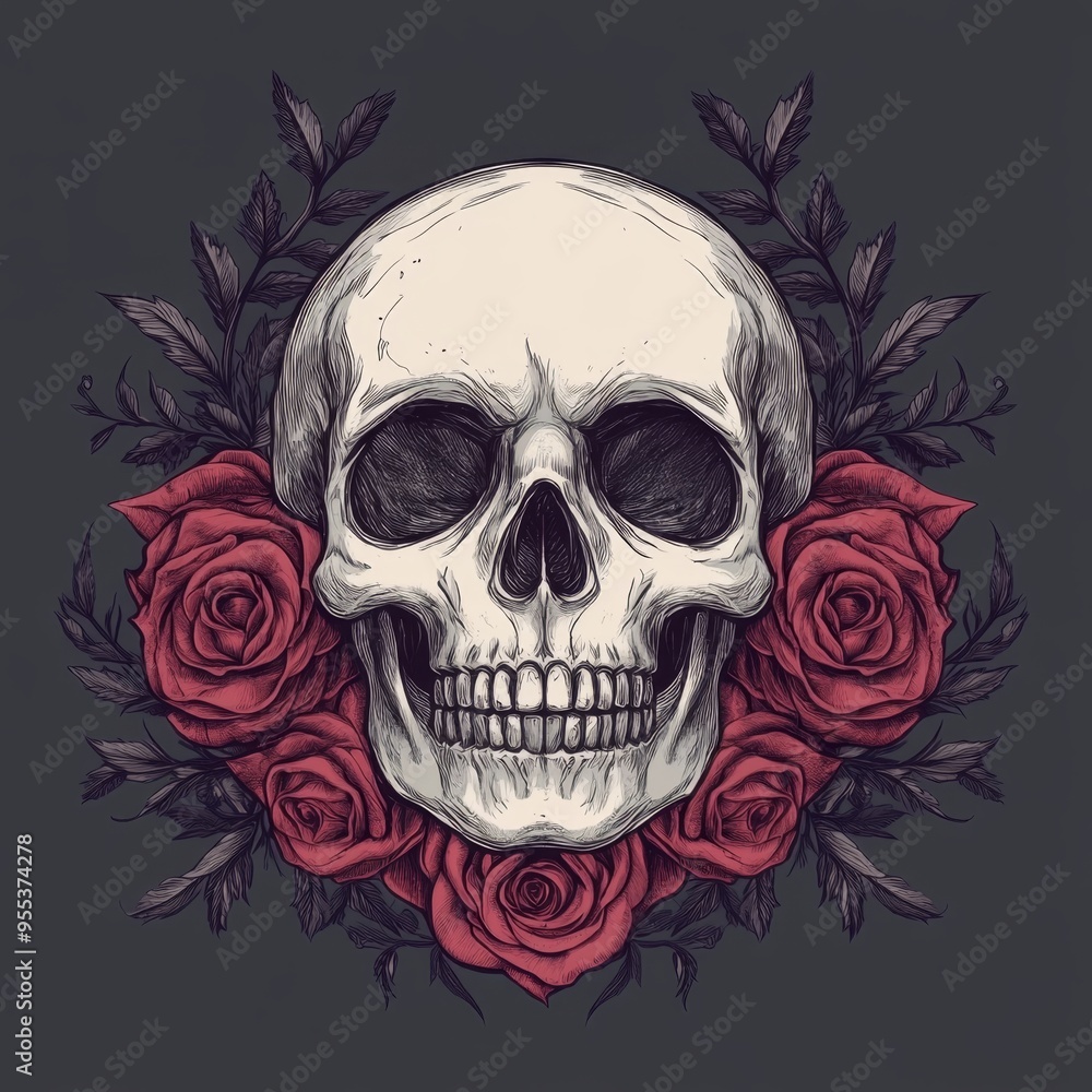 Obraz premium Elegant skull logo with roses in a detailed Gothic romantic style design