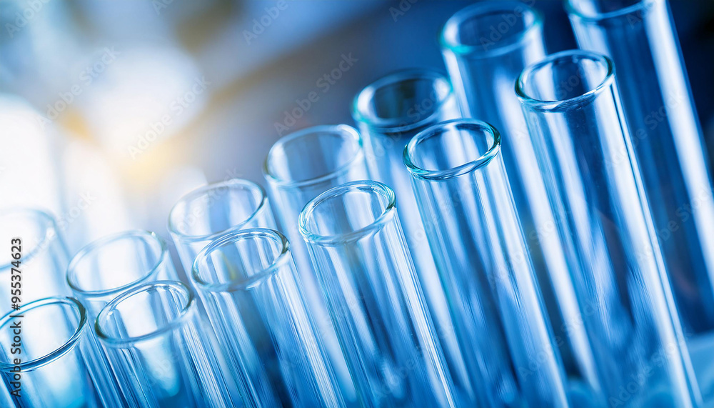 Glass test tubes. Medical glassware. Pharmacy industry and pharmaceutical research in laboratory. Glass test tubes. Medical glassware. Pharmacy industry and pharmaceutical research in laboratory.
