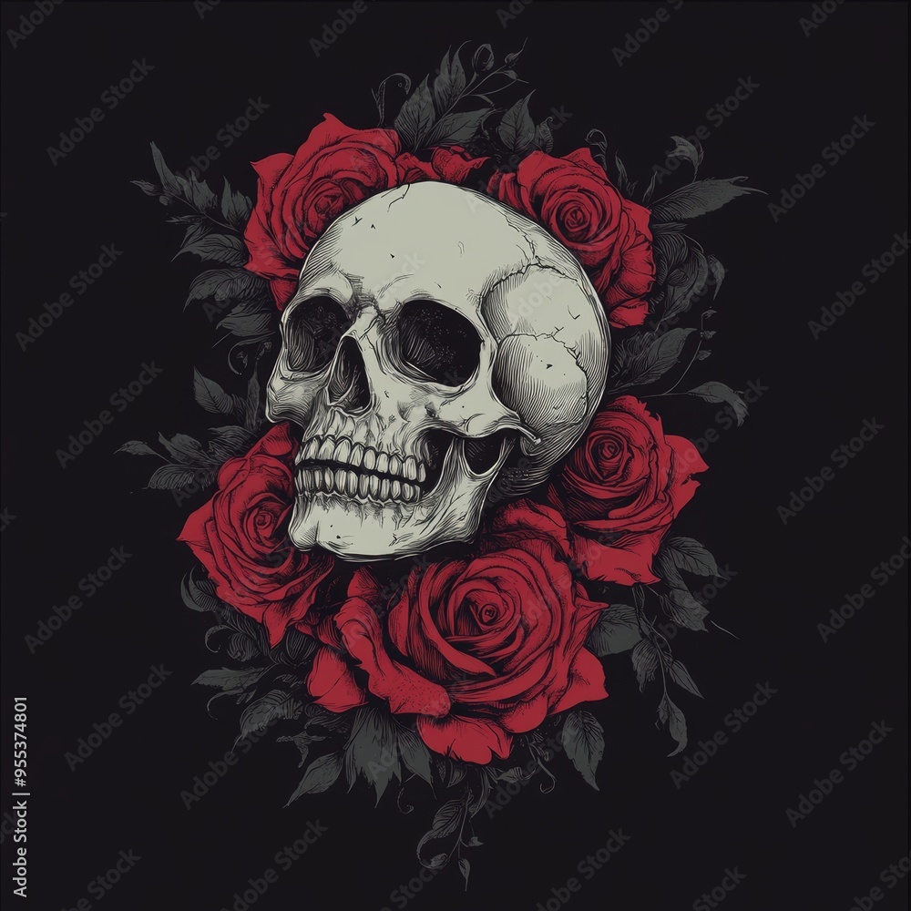 Elegant skull logo adorned with roses in a detailed Gothic romantic style illustration Elegant skull logo adorned with roses in a detailed Gothic romantic style illustration