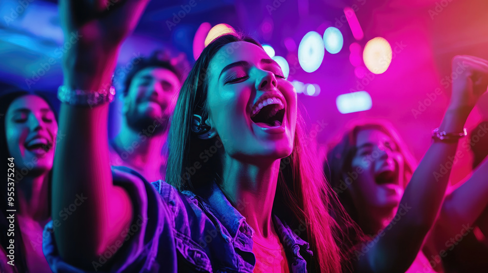 Best friends dancing and singing at a lively concert in a vibrant nightclub. Neon background Best friends dancing and singing at a lively concert in a vibrant nightclub. Neon background