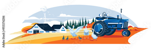 autumn landscape of a farm with a tractor. Farm, domestic birds on an orange meadow. Agriculture, farming and harvest concept. Vector flat illustration