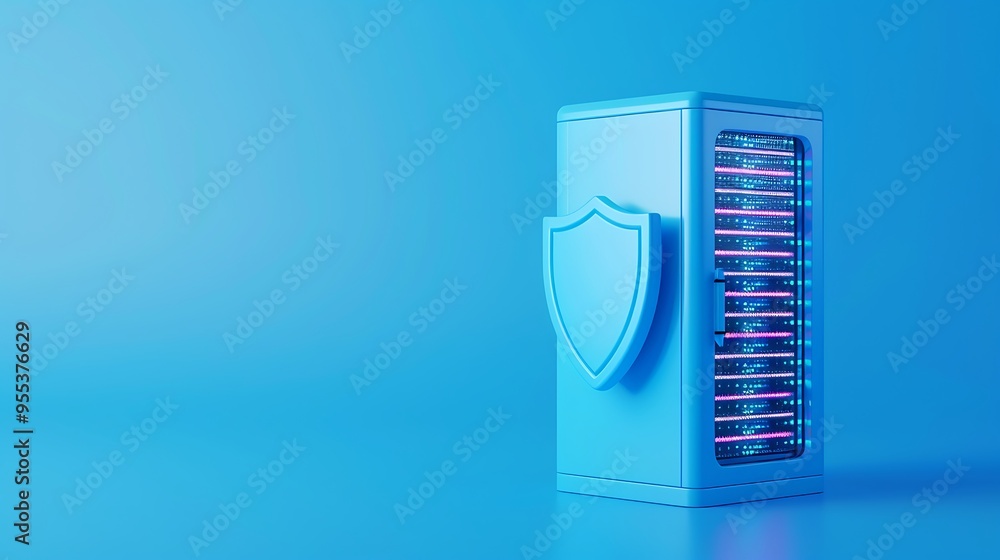 Abstract image of server protection through a shield on a blue background. Concept of data security and internet safety. Abstract image of server protection through a shield on a blue background. Concept of data security and internet safety.