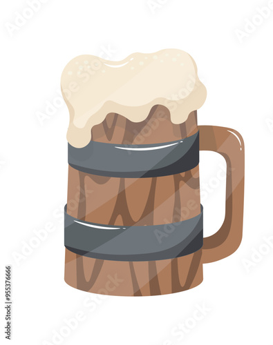 Wooden beer mug with foam in flat vector illustration style perfect for german oktoberfest celebrations or a medieval festival vibe nice rustic design
