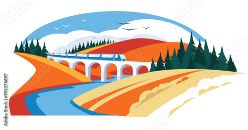 autumn viaduct. vector flat illustration. Yellow and orange hills of the valley. Blue river. Vector flat illustration