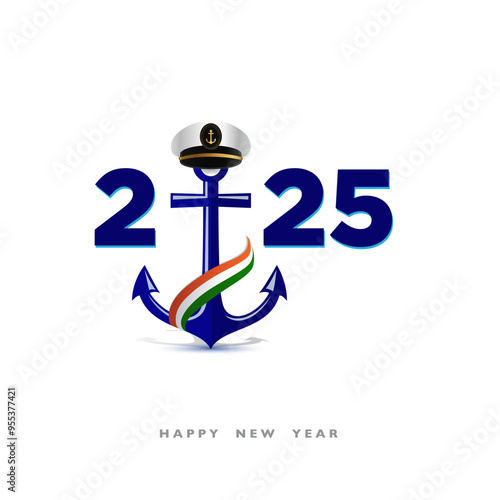Navy New Year 2025 Creative Web Banner Design, Navy officer, Soldier cap, Anchor, and flag wave on isolated Background, Navy warships, Wishing Greeting Card. Beautiful Calligraphy of Navy Day. Marine 