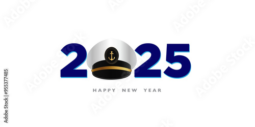 Navy New Year 2025 Creative Web Banner Design, Navy officer, Soldier cap, Anchor, and flag wave on isolated Background, Navy warships, Wishing Greeting Card. Beautiful Calligraphy of Navy Day. Marine 
