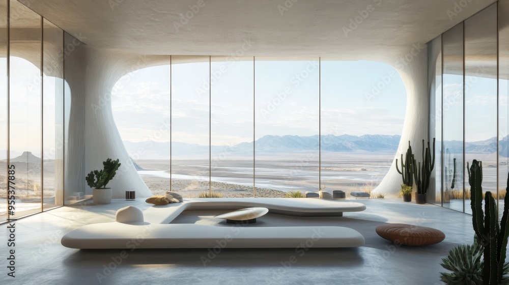Futuristic penthouse with expansive windows showcasing cosmic landscapes and minimalist decor Futuristic penthouse with expansive windows showcasing cosmic landscapes and minimalist decor