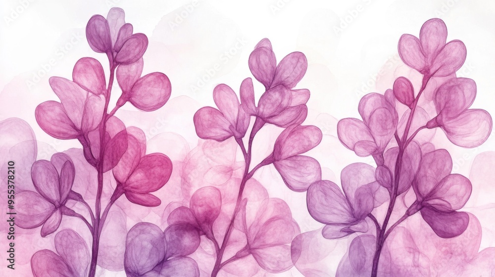 Lilac spry flowers in soft pink, watercolor one-line drawing, simple style Lilac spry flowers in soft pink, watercolor one-line drawing, simple style