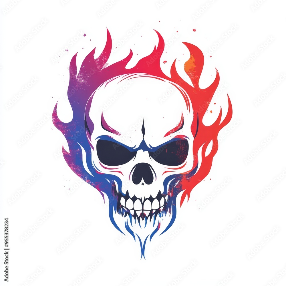Bold grunge skull logo surrounded by vibrant flames against a white background Bold grunge skull logo surrounded by vibrant flames against a white background