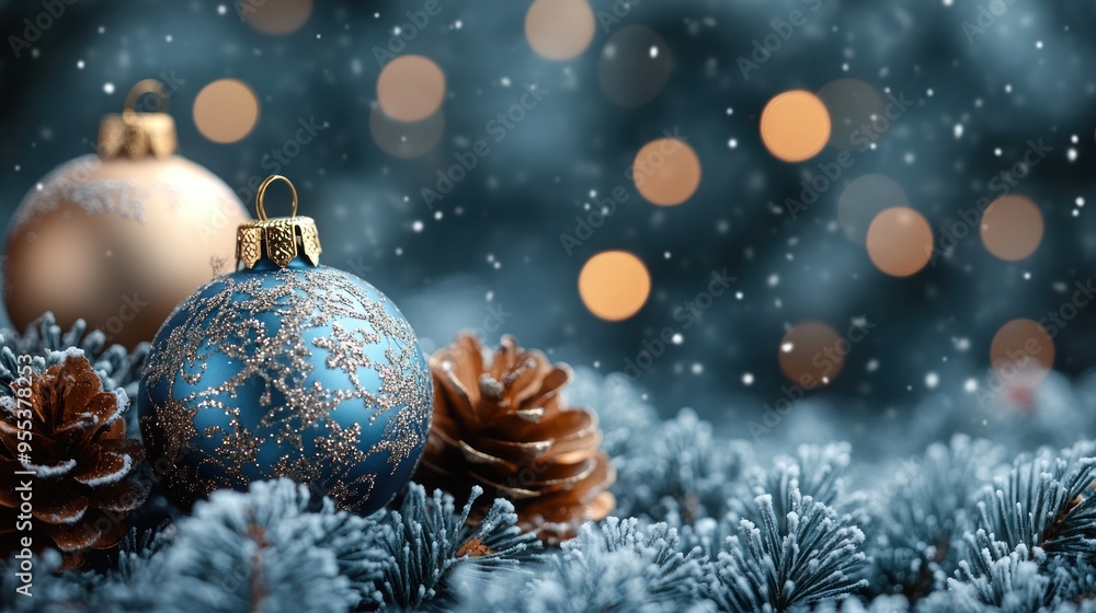 Close up of bauble ball with white and blue bokeh Christmas background. Close up of bauble ball with white and blue bokeh Christmas background.