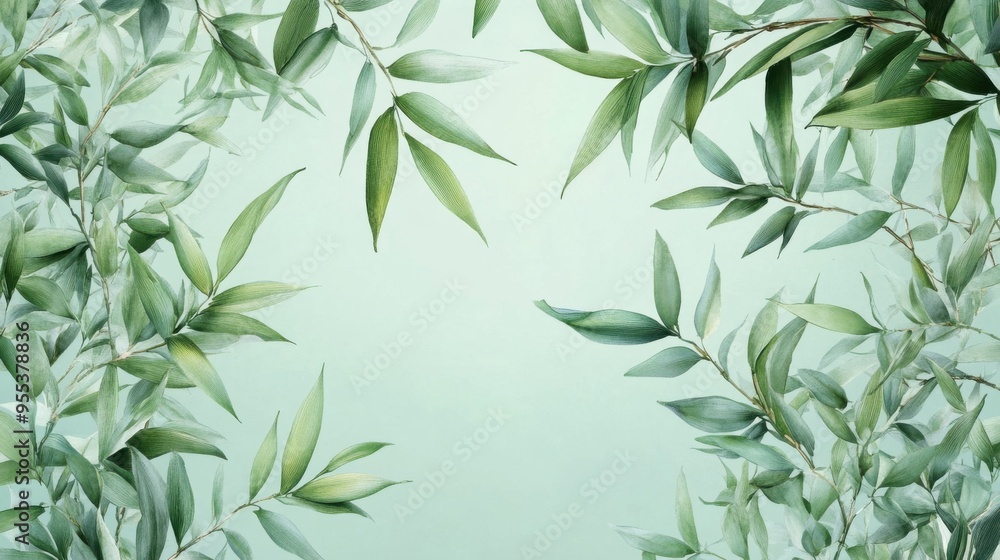 Fototapeta premium Seamless bamboo leaves border, light mint, olive accents