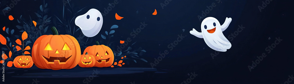 A festive Halloween scene featuring playful ghosts and carved pumpkins, perfect for holiday decorations or seasonal designs. A festive Halloween scene featuring playful ghosts and carved pumpkins, perfect for holiday decorations or seasonal designs.