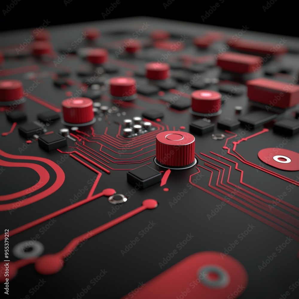Fototapeta premium Close-Up of Modern Circuit Board with Red and Black Components, High-Tech Electronic Hardware, Technology Background