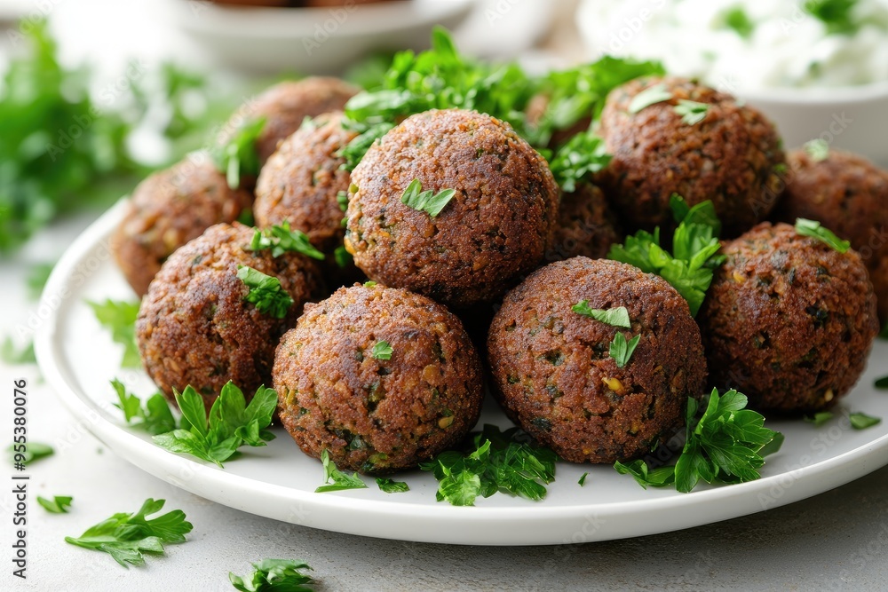 A close-up image of falafel. This photo shows a delicious and healthy Middle Eastern dish. A close-up image of falafel. This photo shows a delicious and healthy Middle Eastern dish.