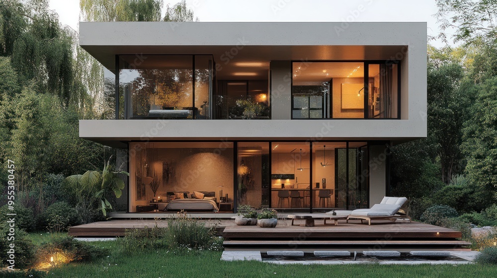 Modern house with large windows and a wooden deck in a garden setting. Modern house with large windows and a wooden deck in a garden setting.