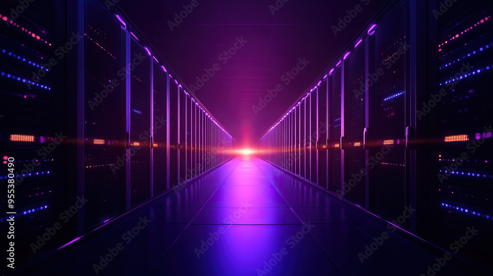 Futuristic server room with vibrant purple and blue lights, creating a dramatic atmosphere for technology and innovation. Futuristic server room with vibrant purple and blue lights, creating a dramatic atmosphere for technology and innovation.