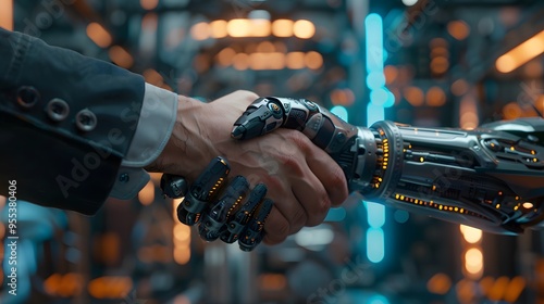 Futuristic robotic handshake between human and robot ai collaboration advanced technology concept technological innovation photo