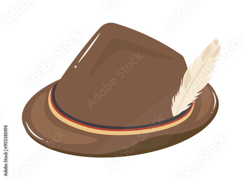 An image of a traditional german hat adorned with a feather drawn in a flat vector illustration style showcasing classic headwear