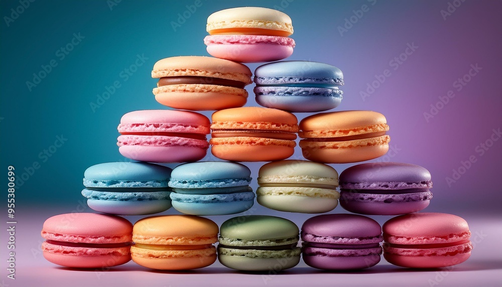 お菓子のマカロンをお洒落に配置、カラフルなグラデーション、キュートな背景画像 Generated by AI お菓子のマカロンをお洒落に配置、カラフルなグラデーション、キュートな背景画像 Generated by AI