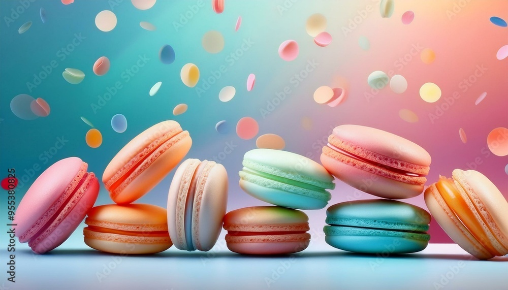 お菓子のマカロンをお洒落に配置、カラフルなグラデーション、キュートな背景画像 Generated by AI お菓子のマカロンをお洒落に配置、カラフルなグラデーション、キュートな背景画像 Generated by AI