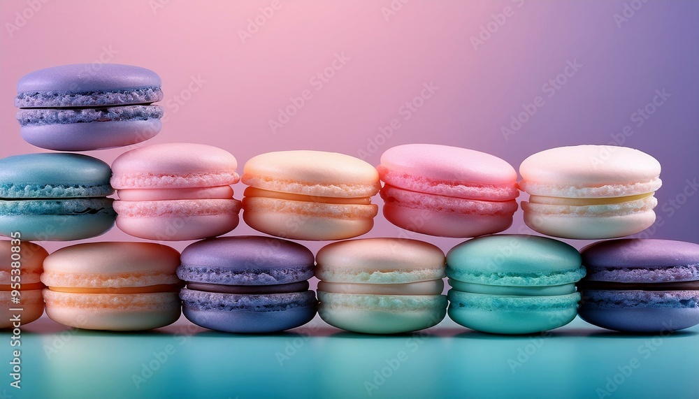 お菓子のマカロンをお洒落に配置、カラフルなグラデーション、キュートな背景画像 Generated by AI お菓子のマカロンをお洒落に配置、カラフルなグラデーション、キュートな背景画像 Generated by AI