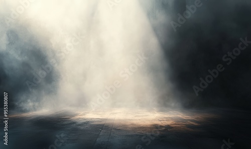 Dark background with fog and smoke, night sky, ocean floor, flat ground, backdrop for product display presentation, dark gray background