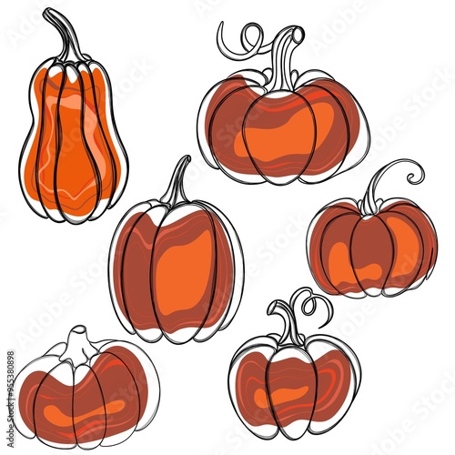 Line Art Free Hand Drawn Pumpkin Sticker. Autumn Pumpkin Stickers set