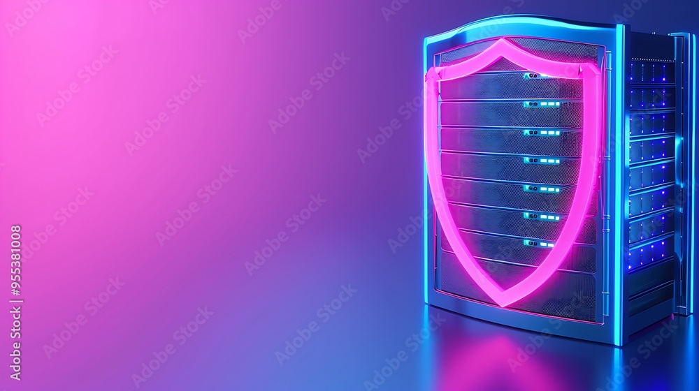 Bright neon shield on server rack, representing cybersecurity and data protection in a modern tech environment. Bright neon shield on server rack, representing cybersecurity and data protection in a modern tech environment.