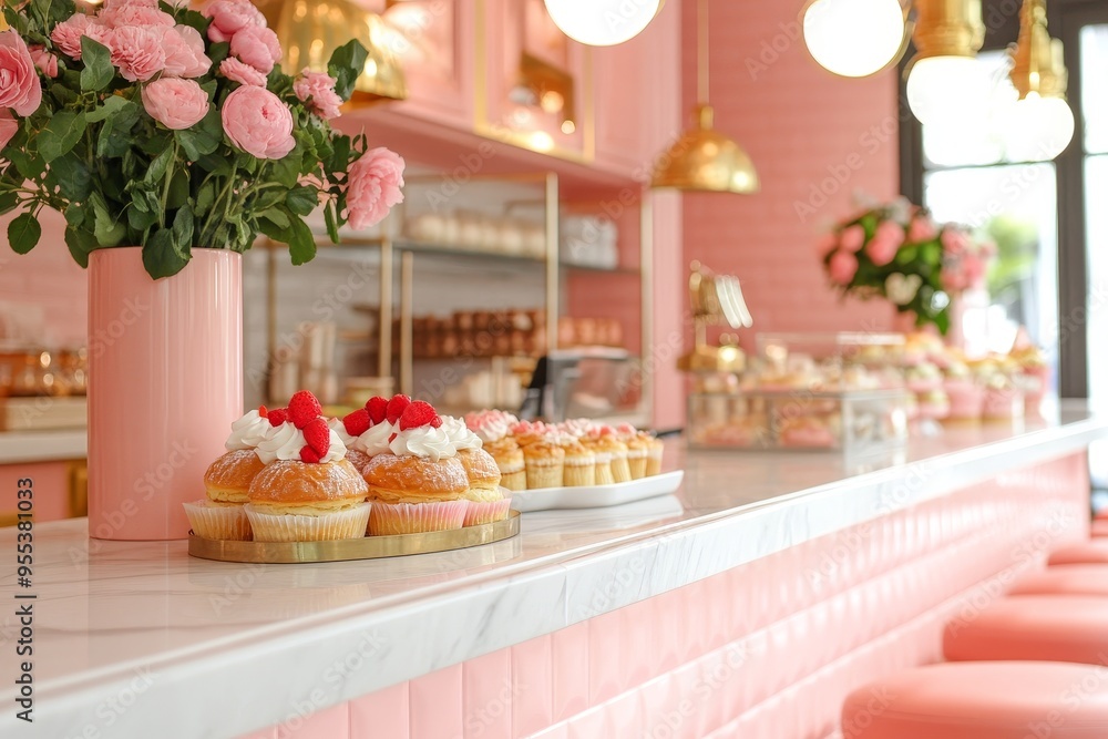 A charming pink pastry shop with a white marble counter, showcasing a selection of delectable pastries. Flowers adorn the counter, adding to the inviting ambiance. The pastel pink decor creates a cozy A charming pink pastry shop with a white marble counter, showcasing a selection of delectable pastries. Flowers adorn the counter, adding to the inviting ambiance. The pastel pink decor creates a cozy