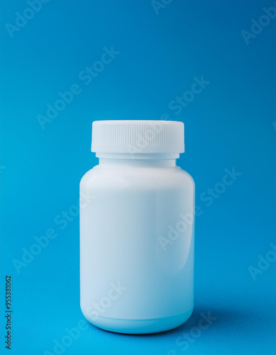 White medical plastic jar against blue backdrop. Packaging for drugs, vitamins. Pill container.