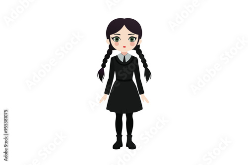 Black outfit pale girl, cool monochrome uniform look. Vector illustration on white background