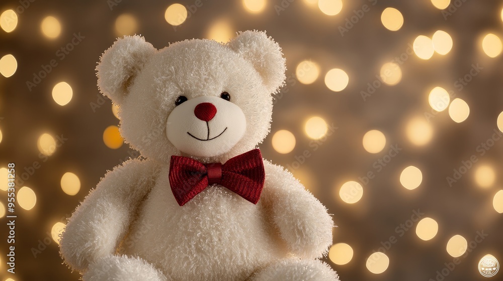 A charming white teddy bear with a red bow tie sits against a backdrop of warm, twinkling lights, symbolizing innocence, love, comfort, and celebration. A charming white teddy bear with a red bow tie sits against a backdrop of warm, twinkling lights, symbolizing innocence, love, comfort, and celebration.