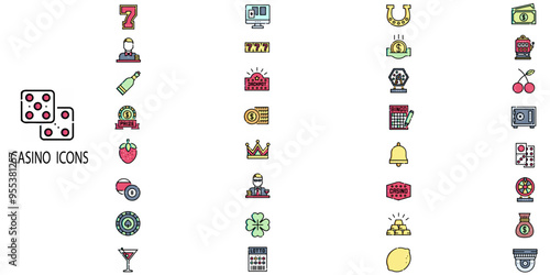 Casino simple concept 32 colour icons set. Contains such bingo, croupier, dices, poker cards, door, playing cards, casino roulette, gift, poker table, chip, dice .Vector illustration.