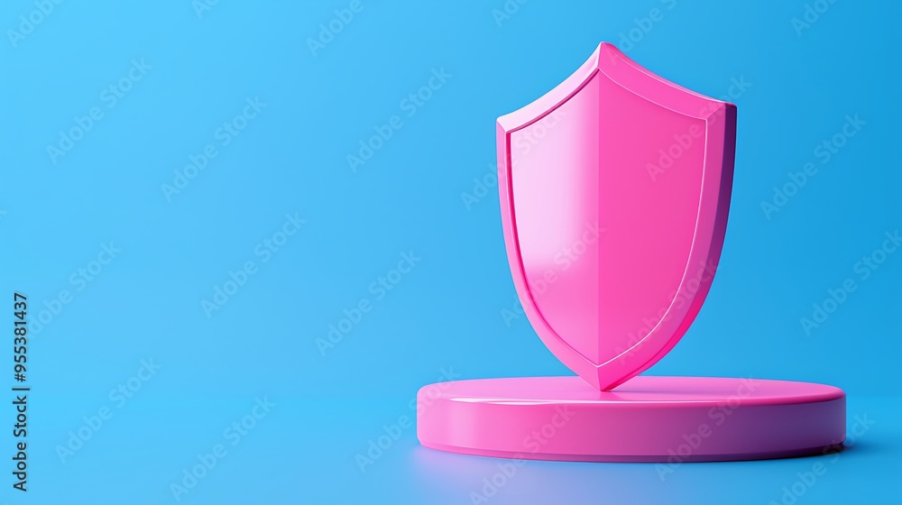 Fototapeta premium Bright pink shield icon on a stand with a blue background, symbolizing protection, security, and safety concepts.