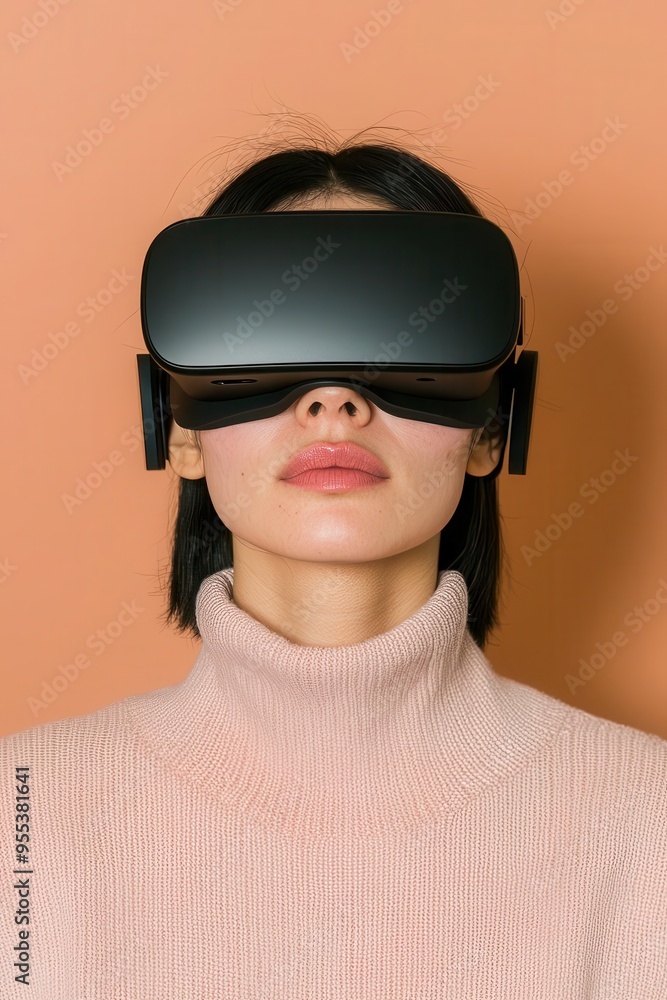 A woman experiences virtual reality with a sleek headset, highlighting modern technology and futuristic gaming. A woman experiences virtual reality with a sleek headset, highlighting modern technology and futuristic gaming.