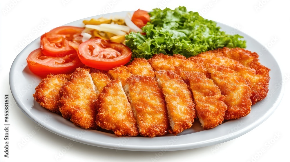 Fried chicken cutlets served on a plate. Perfect for showcasing a delicious meal or advertising a restaurant. Fried chicken cutlets served on a plate. Perfect for showcasing a delicious meal or advertising a restaurant.