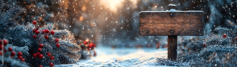 Fototapeta premium Winter Forest Path with Wooden Sign. The sign is covered with snow. Pine trees and Berries