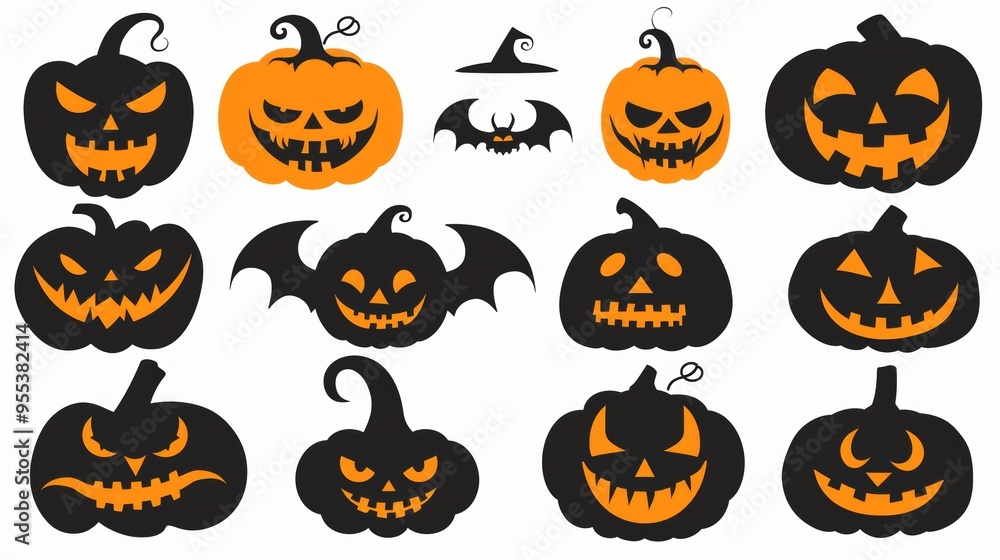 halloween pumpkins of different face shapes on white background. halloween concept halloween pumpkins of different face shapes on white background. halloween concept