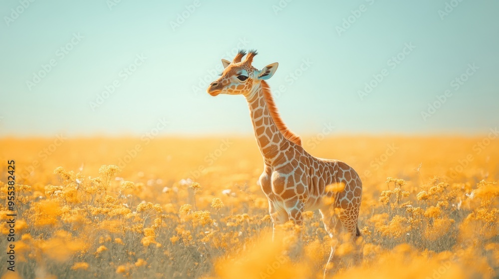 Obraz premium Charming baby giraffe in a field with a clear sky