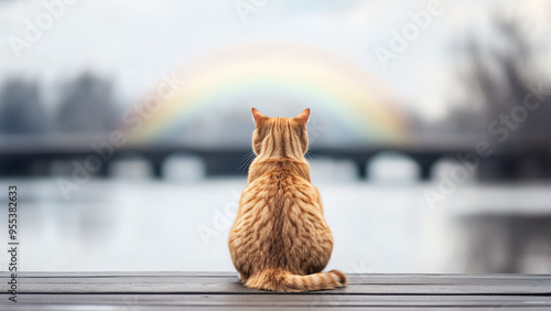 Abschied und Gedenken an eine verstorbene, geliebte Katze, die über die Regenbogenbrücke gegangen ist. Rote Katze von hinten und Regenbogen im Hintergrund photo