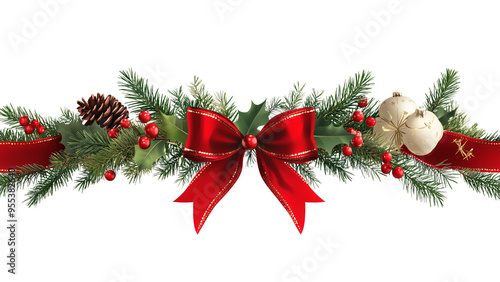 Festive Christmas Red Ribbon Decorate with pine cones balls and holly berries. Isolated on Transparent Background for Holiday Designs