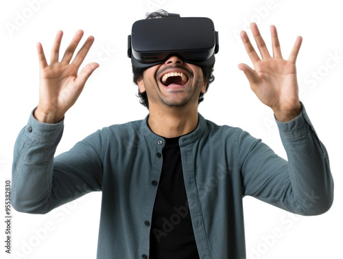 PNG Man experiencing VR portrait smiling photo.